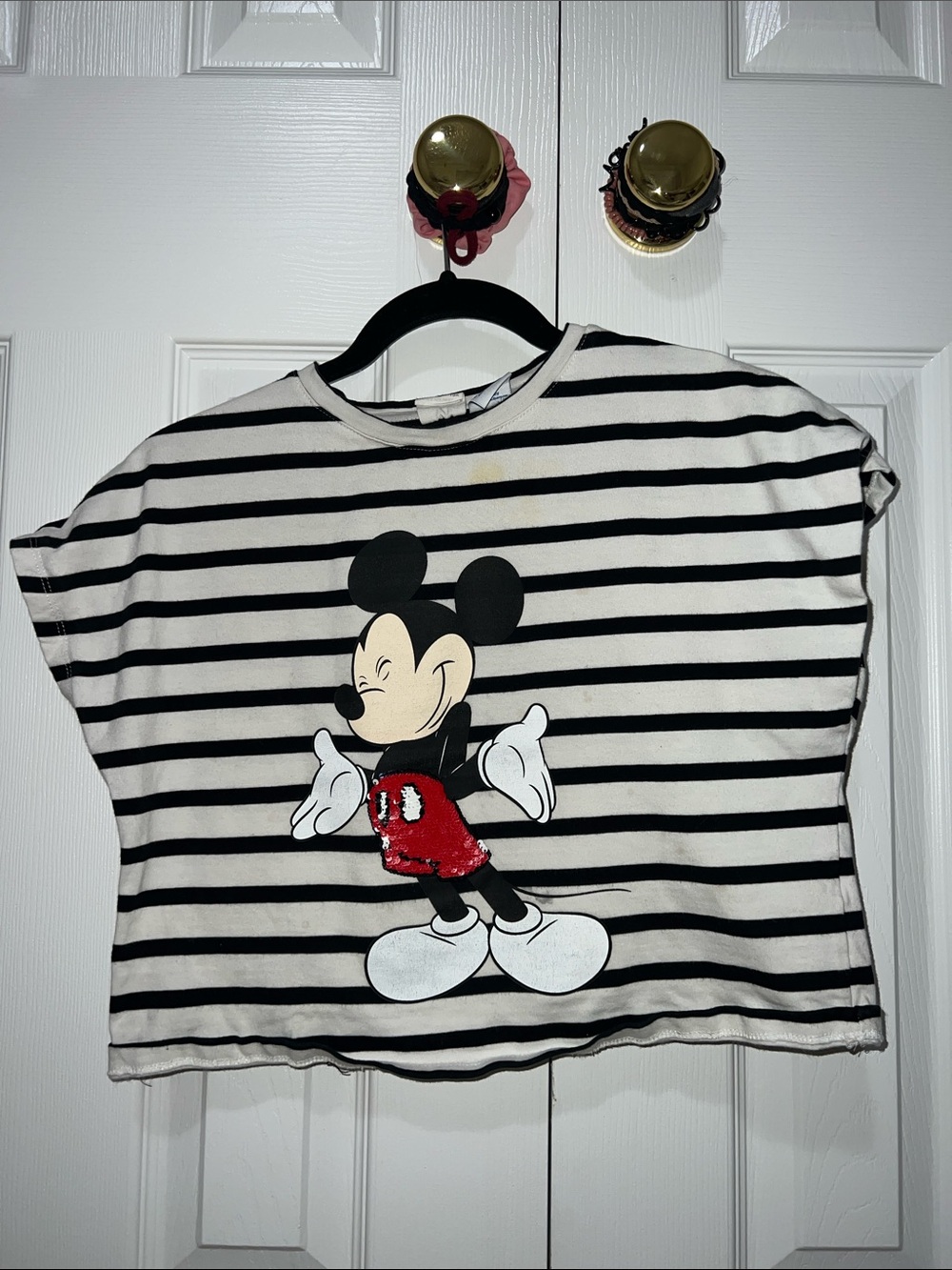 Zara Disney Black & White Striped Mickey Mouse Tee with Red Sequin Shorts